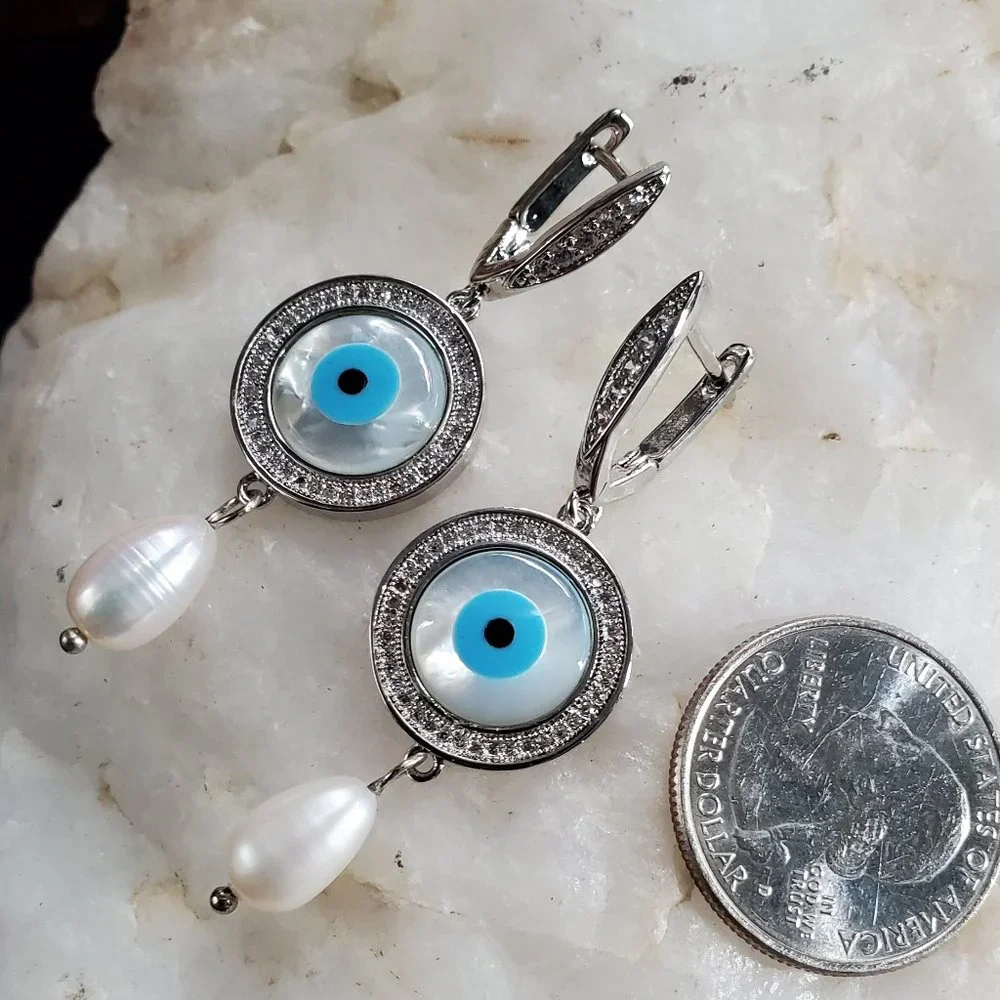 Rhodium Platinum plated Earrings Topaz Pave Pearl Evil Eye Mother Of Pearl